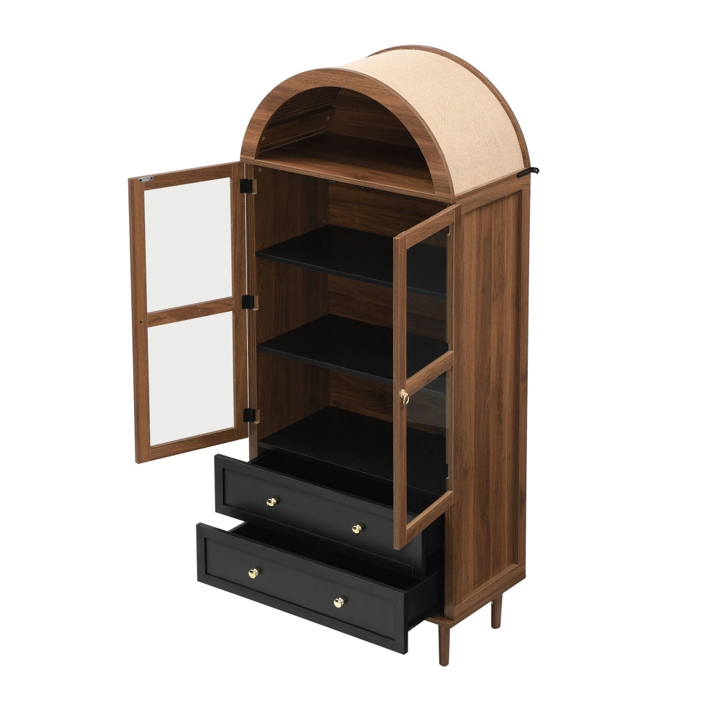 Credenza moderna con ripiani regolabili e vetro rigato; 70x38x165 cm; noce