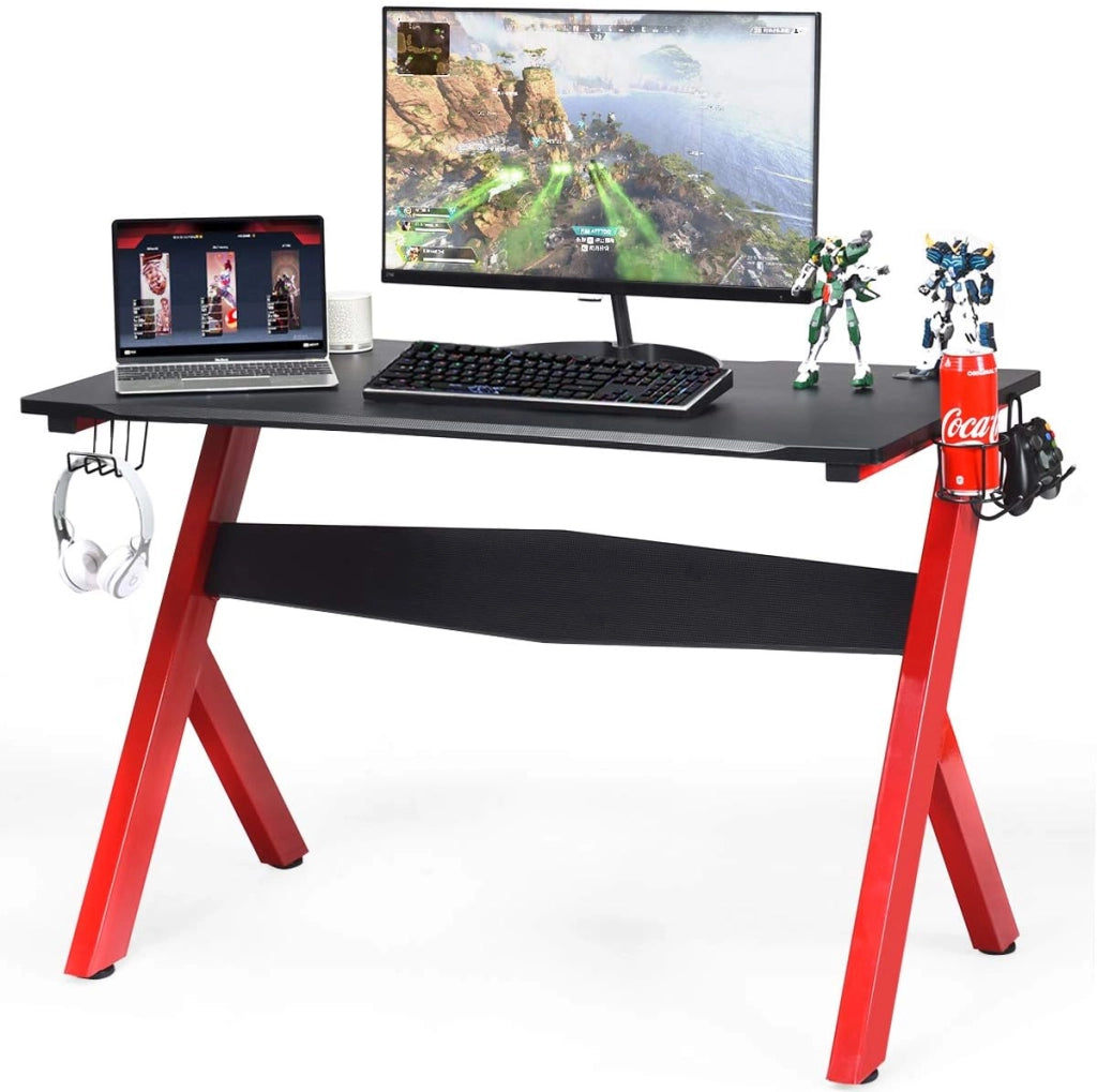 Scrivania da Gaming, Scrivania per Computer con Porta Bicchiere, Tavolo da Gamer con Superficie in Fibra di Carbonio, Capacità di Carico 100 kg, Nero