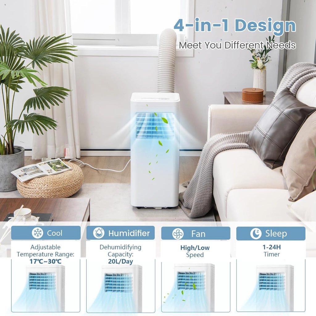 Condizionatore Portatile 9000 BTU, 960W, 4 Modalità - Ventilazione & Deumidificazione & Raffreddamento & Sonno, Controllo con Display a LED e Telecomando, Timer 24 Ore