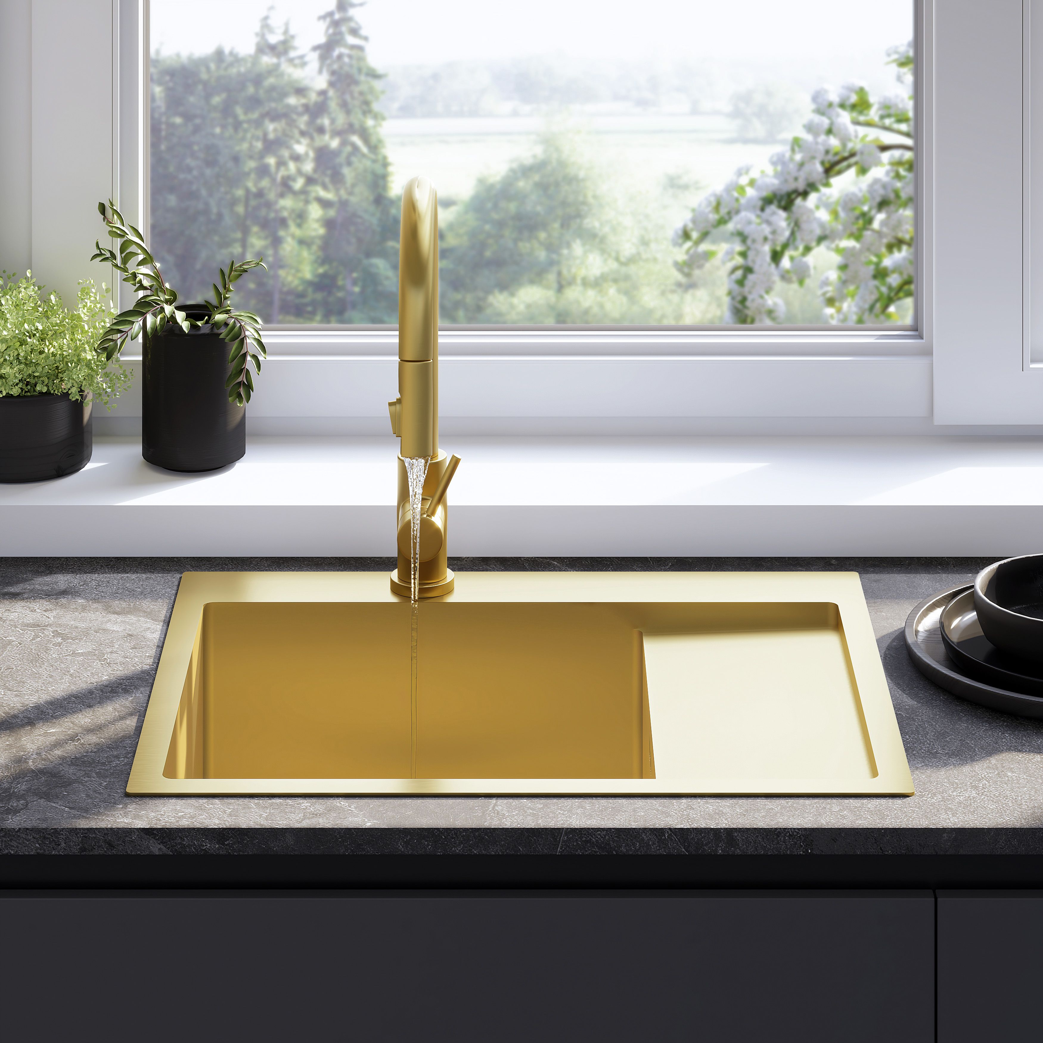 Lavello In Acciaio Fin Brush Gold con rubinetto da cucina