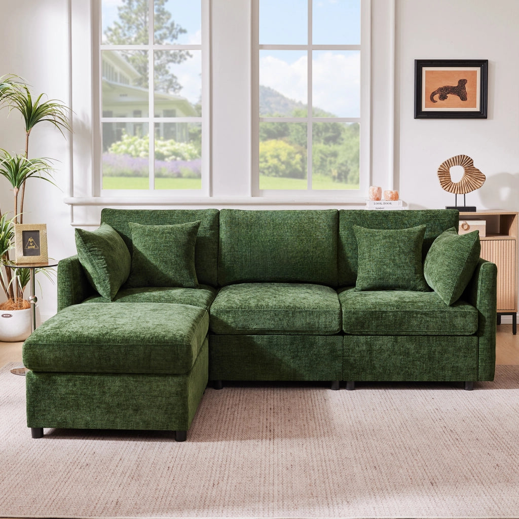 Divano angolare modulare con pouf mobile e 4 cuscini in chenille per soggiorno e ufficio verde 216 × 161 × 81 cm