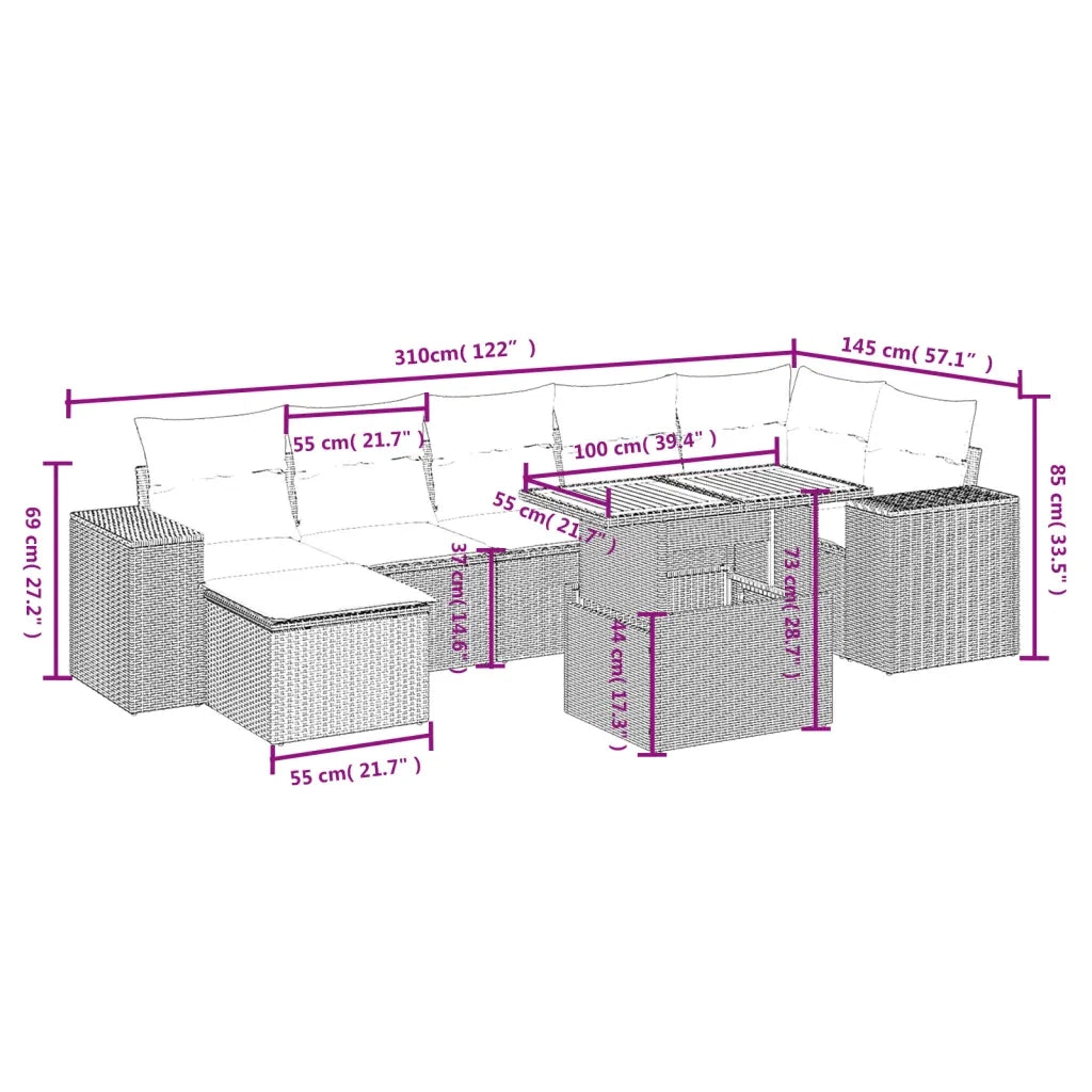 Set Divano da Giardino 8 pz con Cuscini Grigio in Polyrattan