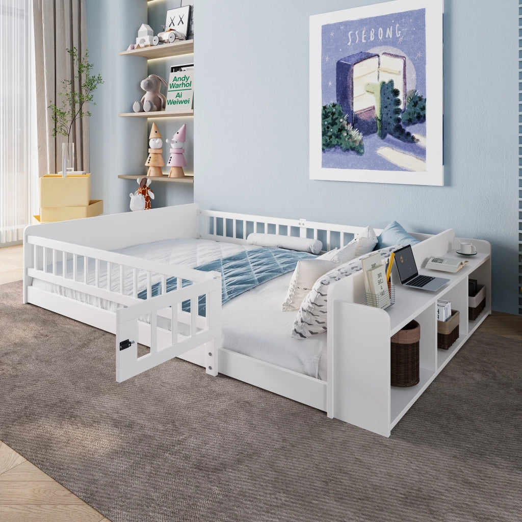 Letto per bambini bianco in pino con spazio di stoccaggio aperto e cassetti integrati 140x200 cm