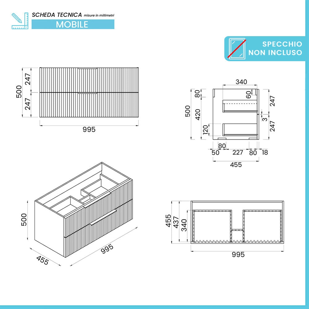 Mobile bagno sospeso 100 cm bicolore grigio cannettato e nero con lavabo e specchio Zena