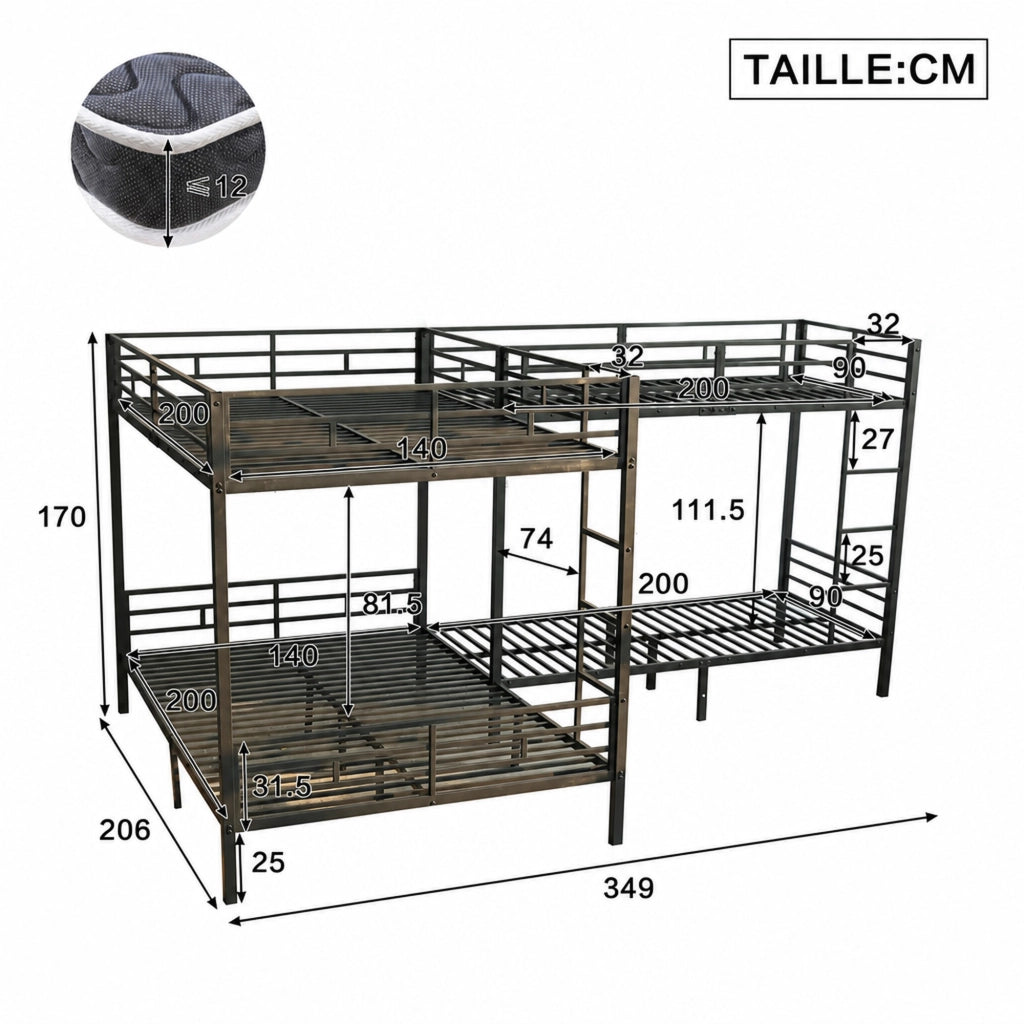LETTO A CASTELLO 90x200 cm e 140x200 cm con scala a 3 gradini nero