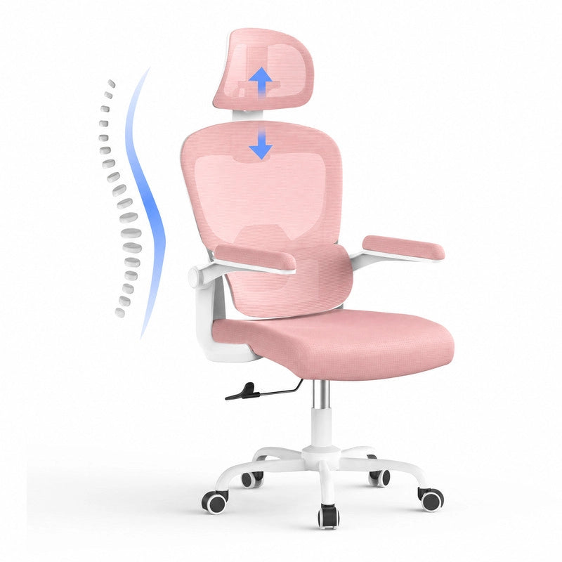 Sedia da ufficio ergonomica - Poltrona HAMLODY - con braccioli pieghevoli a 90° - Supporto lombare - Regolabile in altezza Rosa