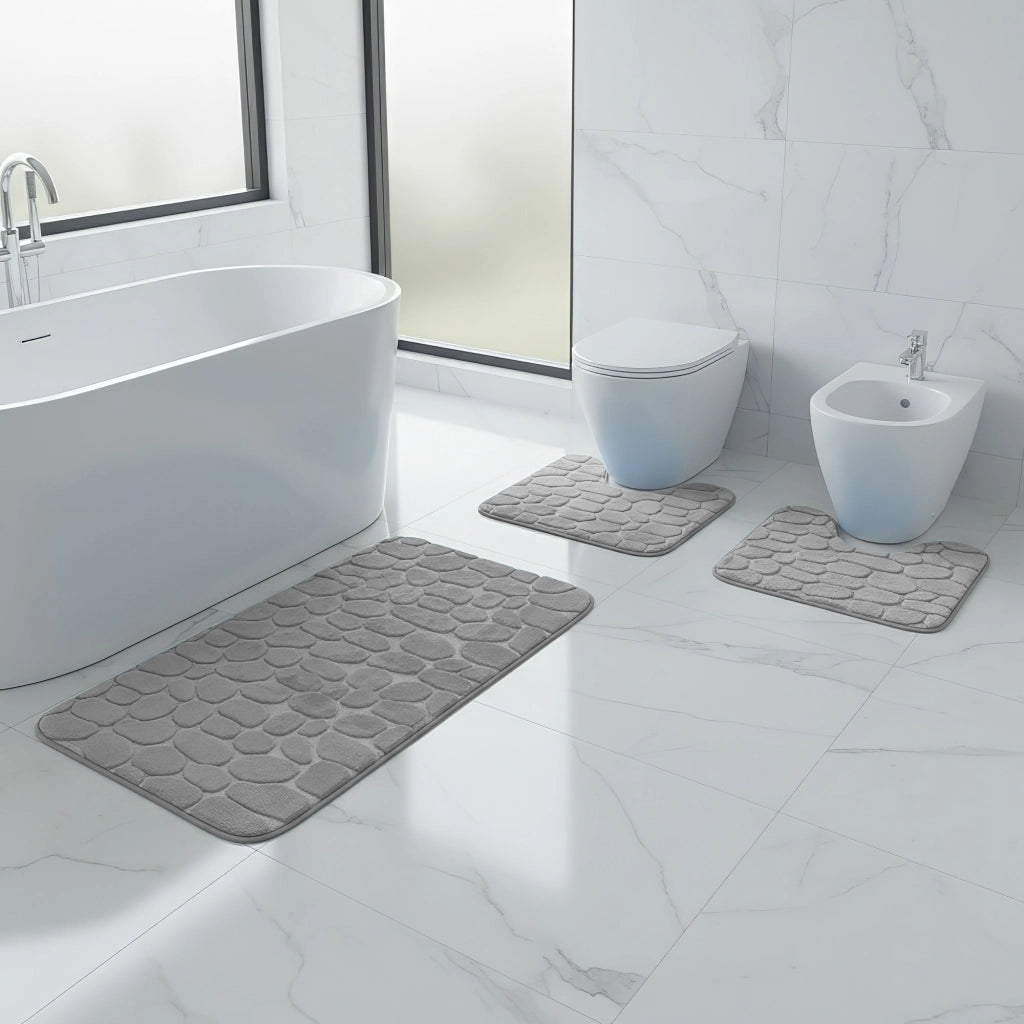 Set 3 Tappeti Bagno WC e Bidet Effetto Memory Morbidi Antiscivolo 1 Tappeto 45x75 cm +2 Tappeti 45x40 cm Assorbenti, Lavabili,Design Moderno Grigio