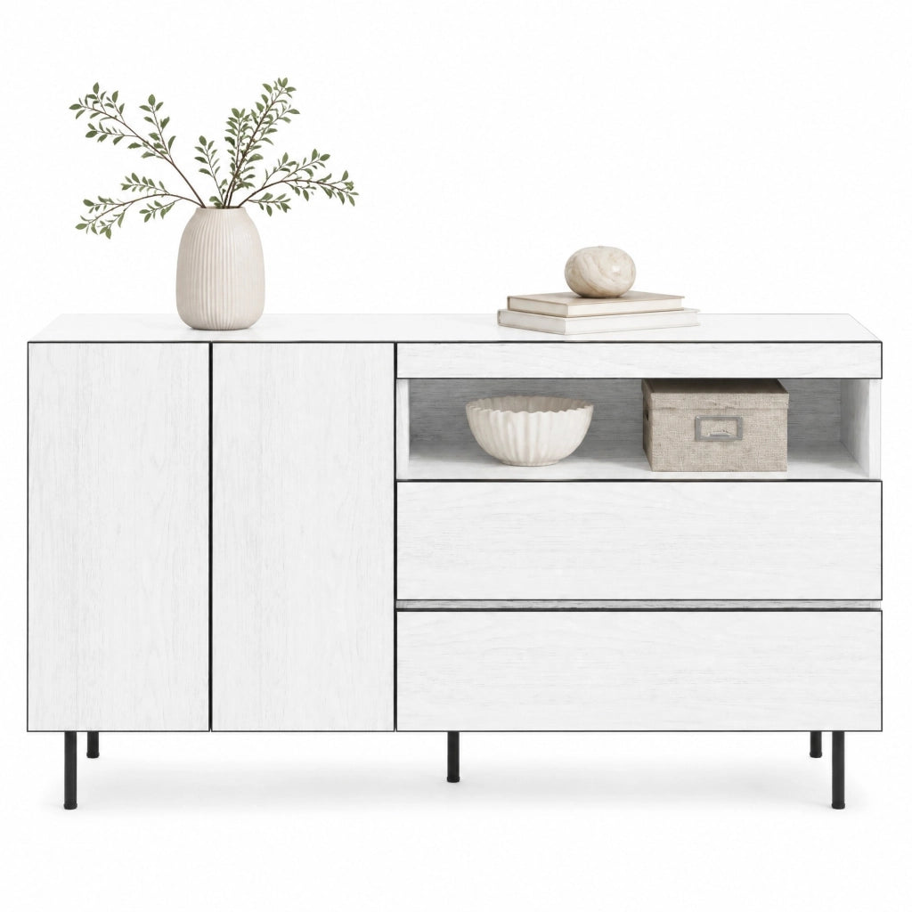 Sideboard bianco minimalista 140x42x77 cm con ripiani aperti
