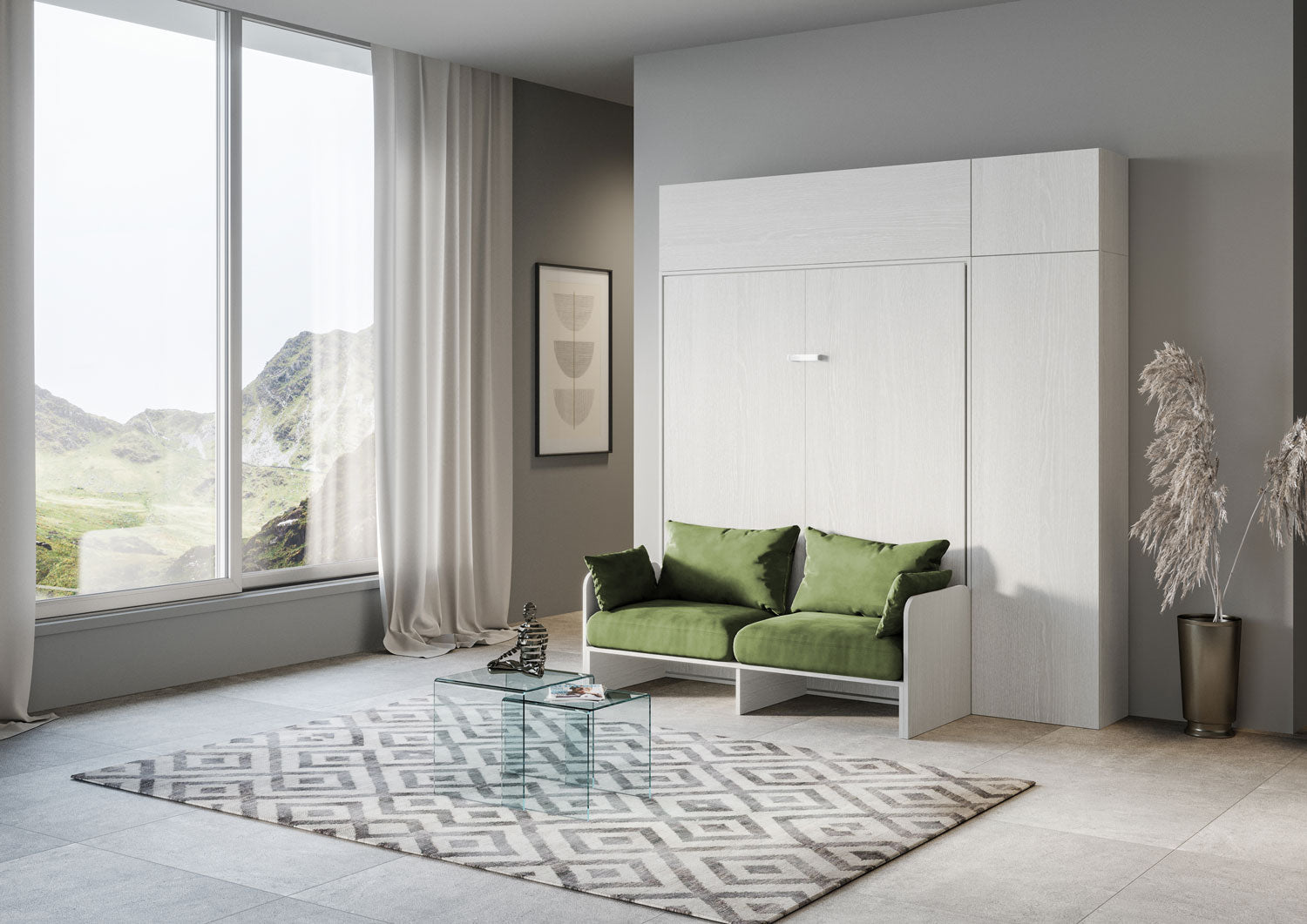 Letto Matrimoniale A Scomparsa 160 Kentaro Con Divano E Mobili Bianco Frassino e Verde