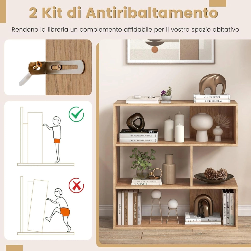 Libreria a Forma Convessa/Concava, Scaffale Aperto a 3 Ripiani in Legno, Scaffale da Esposizione con Dispositivo Antiribaltamento, per Soggiorno Ufficio Camera da Letto (Concava)