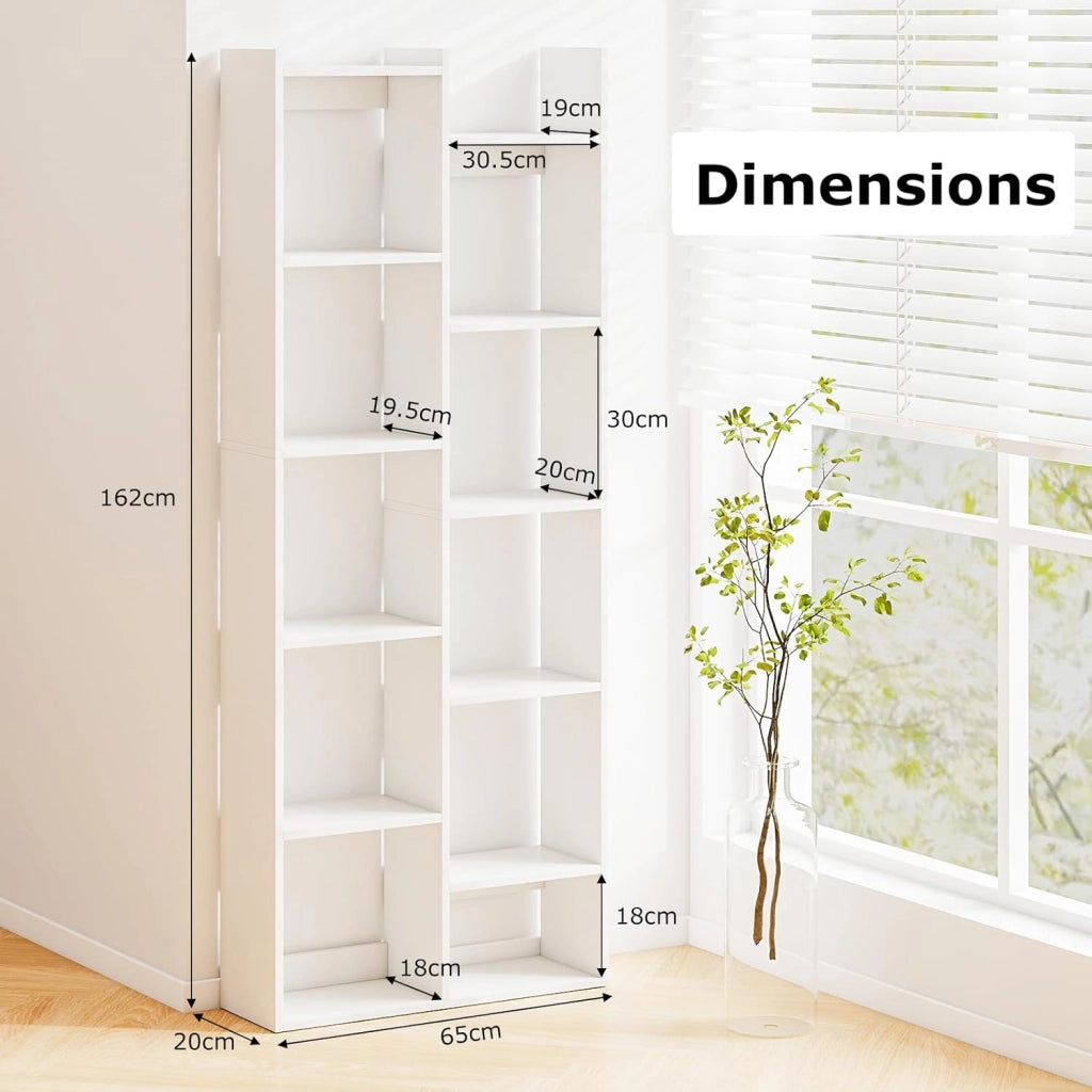 Libreria, scaffale con 12 scomparti aperti e 2 fusibili ribaltabili, 65 x 20 x 162 cm, scaffale in legno, per soggiorno, ufficio e camera da letto (naturale)