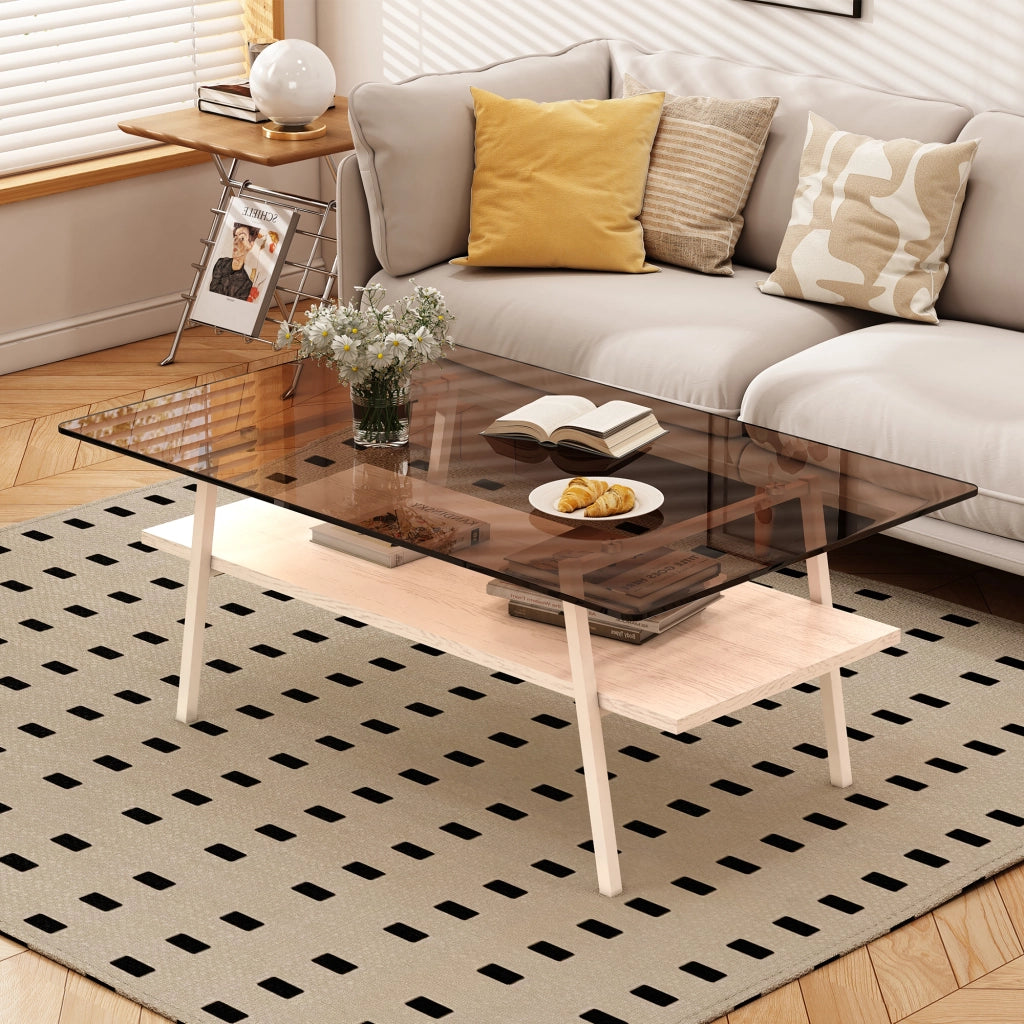TAVOLINO DA SALOTTO Rettangolare in vetro temperato MDF Brown/Bianco