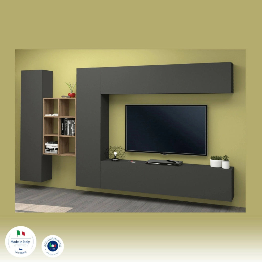Parete attrezzata Agna, Set salotto porta TV a 4 ante, Mobile soggiorno multiuso, 100% Made in Italy, cm 280x30h180, Antracite e Acero