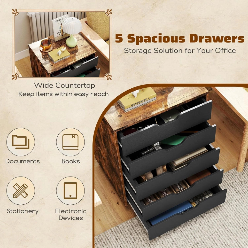 Cassetto da scrivania mobile con 5 cassetti da ufficio, mobile da ufficio, organizer con ruote, supporto per stampante per cartelle, documenti, documenti, carta, 48 x 39,5 x 69,5 cm (Marrone)