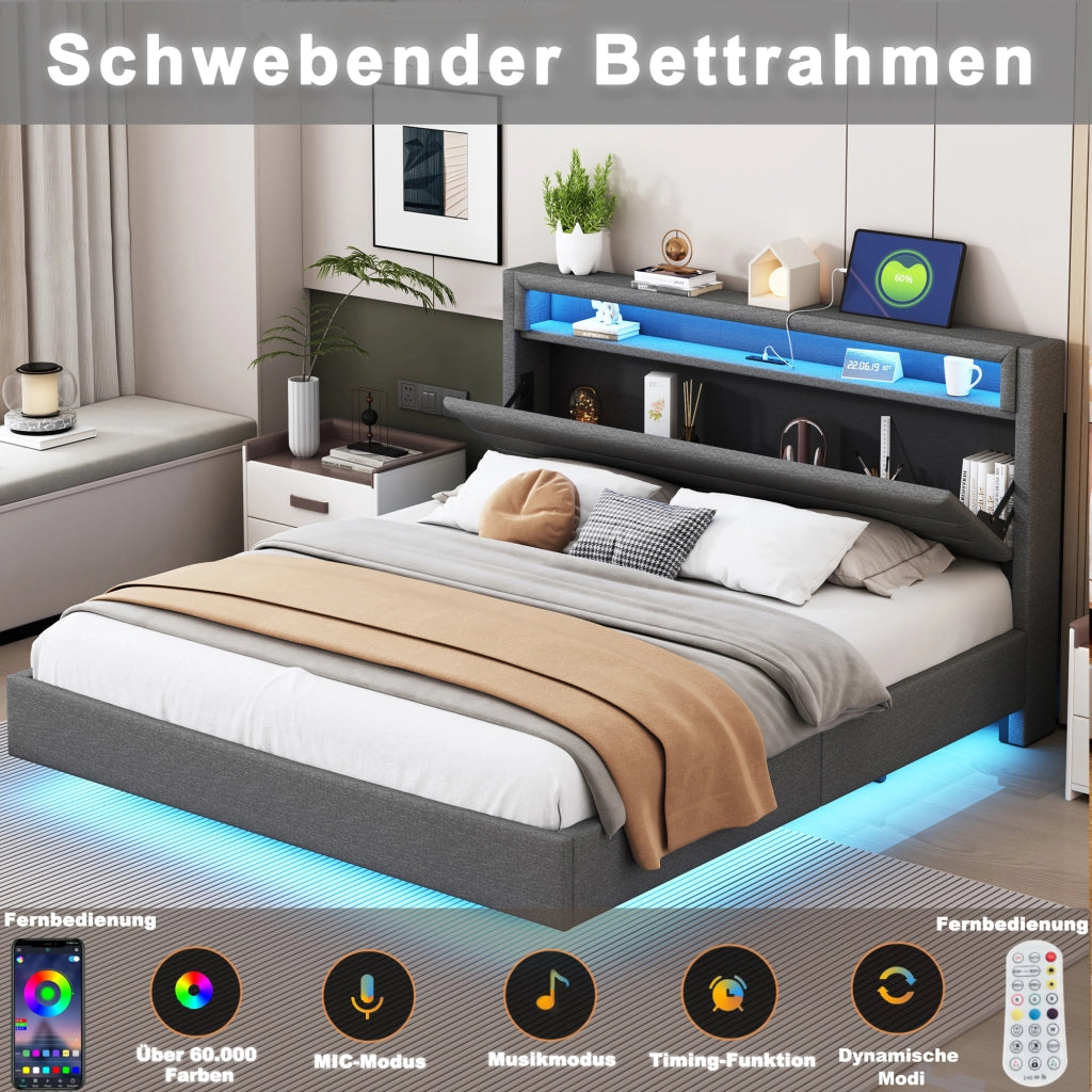 OKWISH Letto Imbottito 160×200 cm, Letto Matrimoniale con USB, LED Regolabile e Testiera Reversibile, senza Materasso, in Tessuto Grigio
