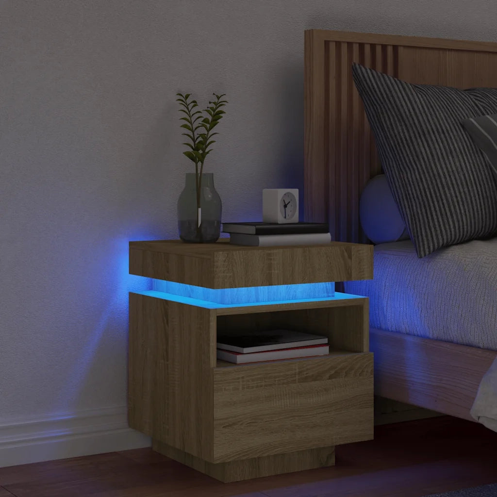 Comodino con Luci LED-Tavolino da notte Rovere Sonoma 40x39x48,5 cm