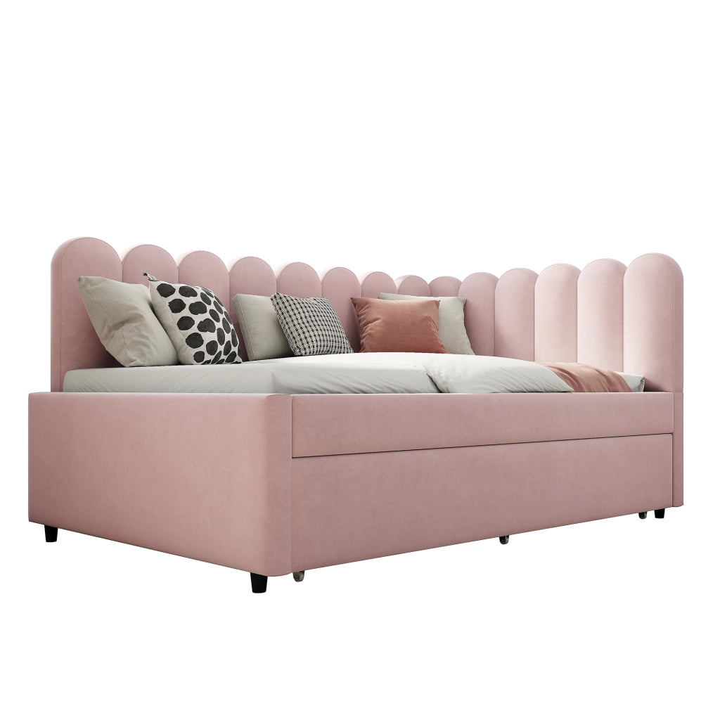 Divano letto a L con letto estraibile e schienale floreale; velluto rosa; 140x200 cm; senza materasso