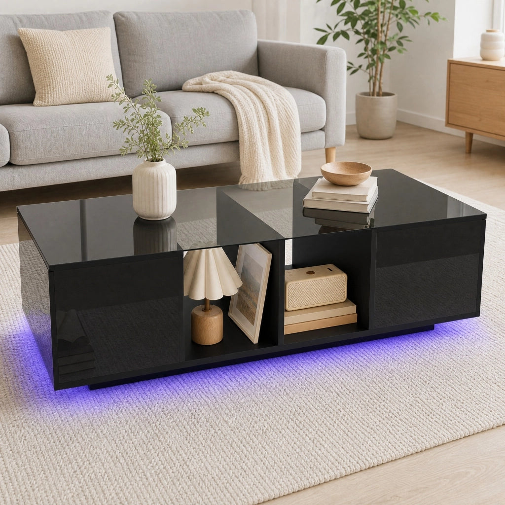 Tavolino da caffè moderno nero 120 x 50 x 38;5 cm con LED; vetro e vani laterali