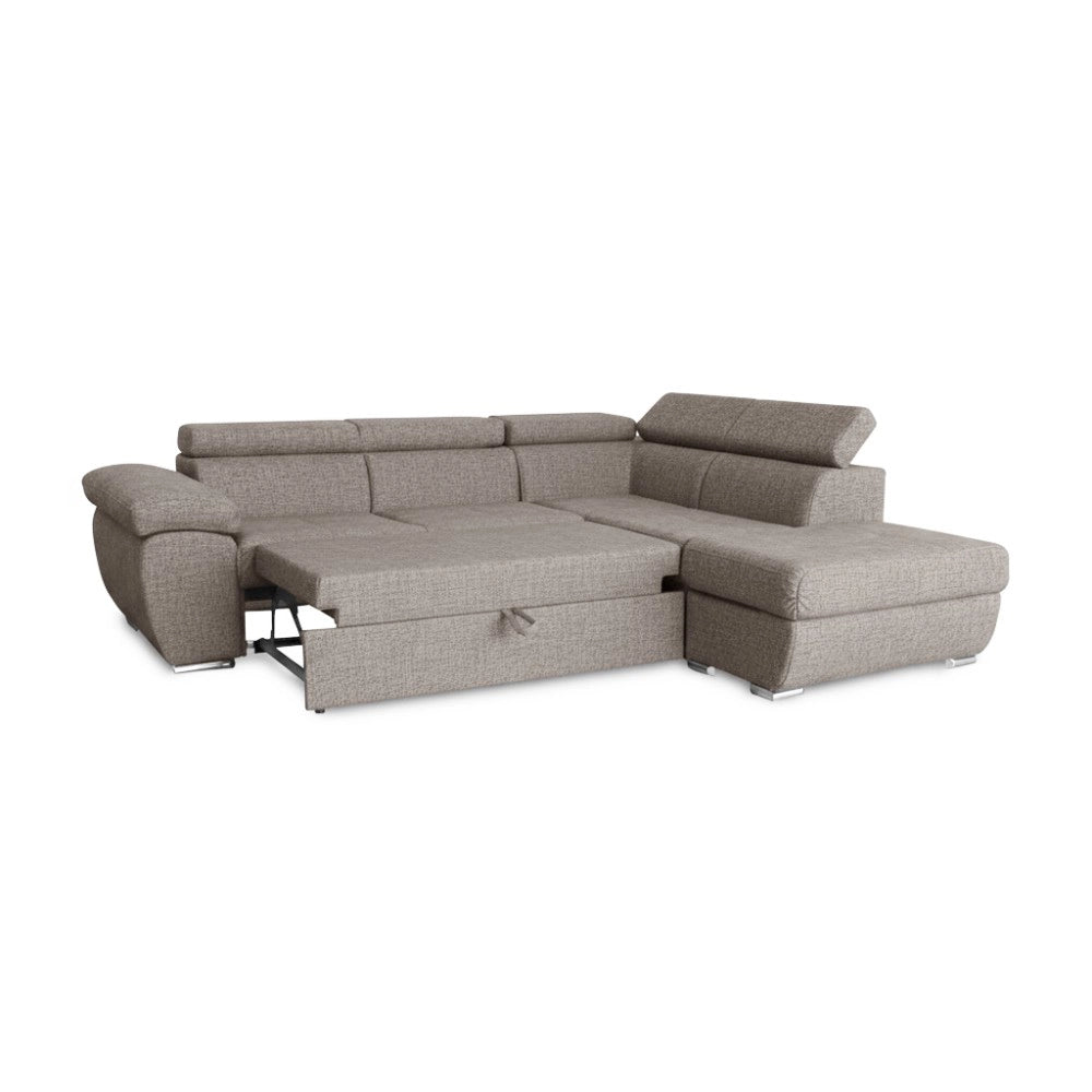 Divano Letto Angolare Fiona con Penisola Destra e Pouf Contenitore – Tortora