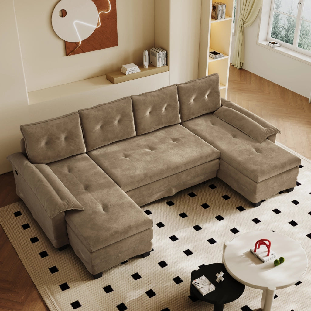 Divano Letto Angolare Modulare ¨C MINIMAL ¨C Tessuto Khaki, con USB, Braccioli Rimovibili, 278 cm