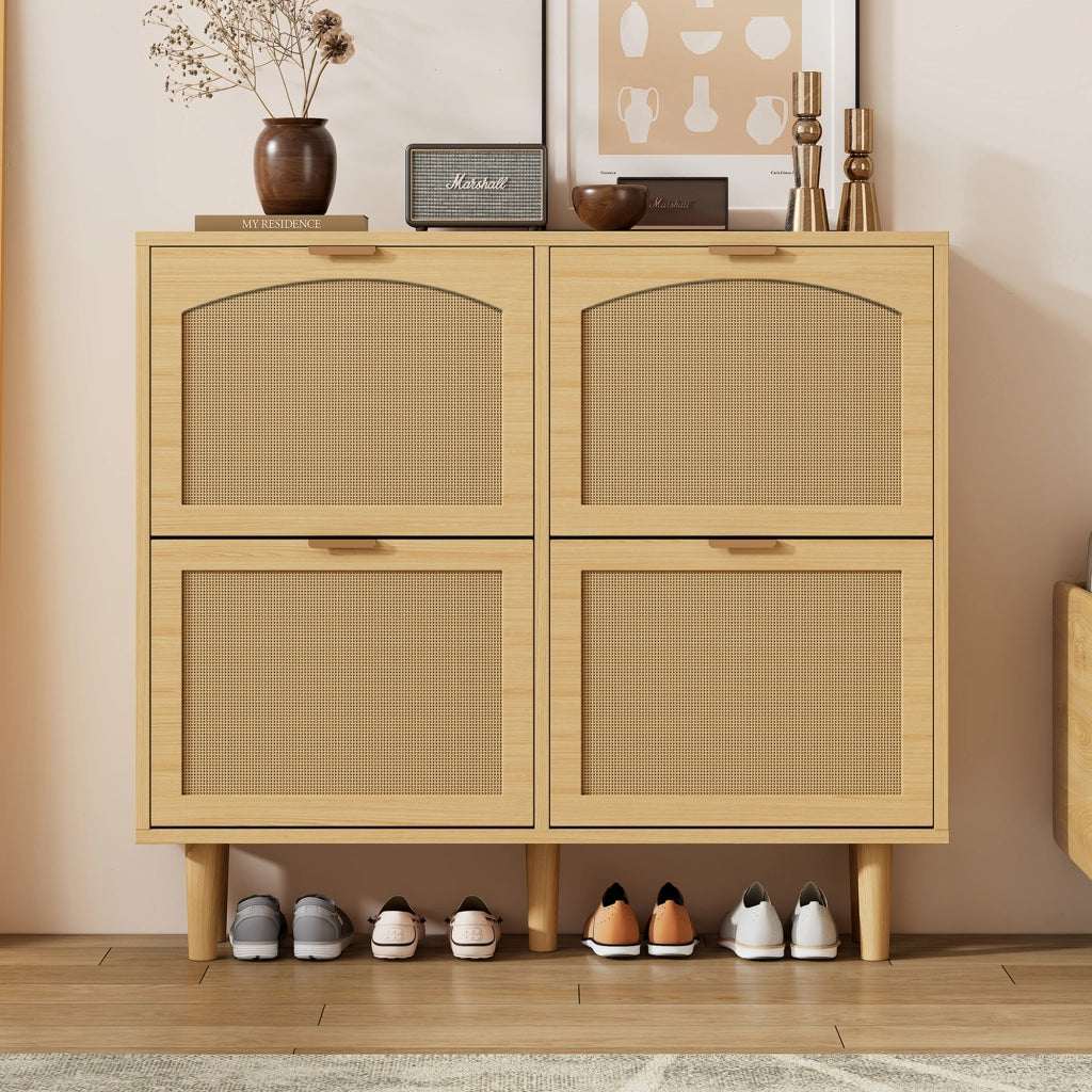Scarpiera con 4 ante ribaltabili in stile rattan, mobile salvaspazio per ingresso con struttura in truciolare effetto rovere, 100 x 25 x 90 cm