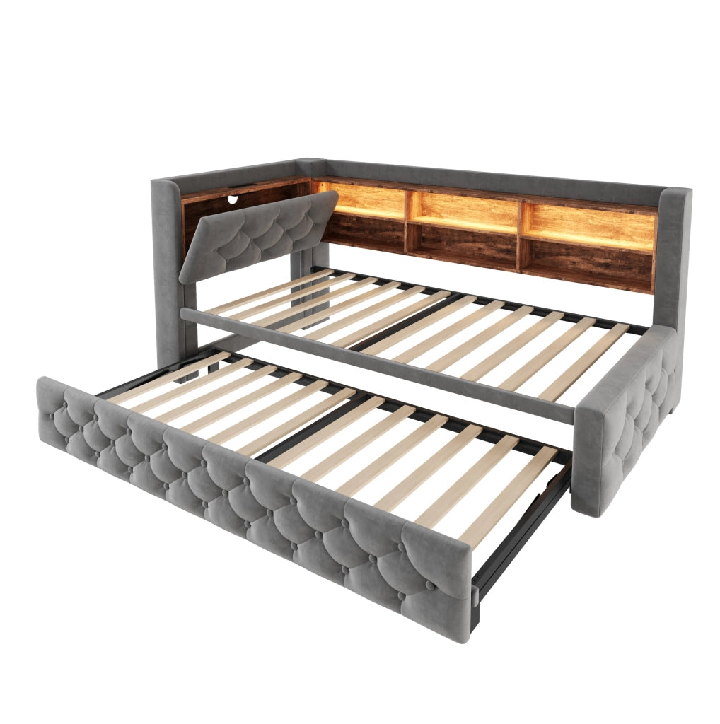 Divano letto 90x190 cm estraibile con LED; USB e Type-C in velluto grigio scuro