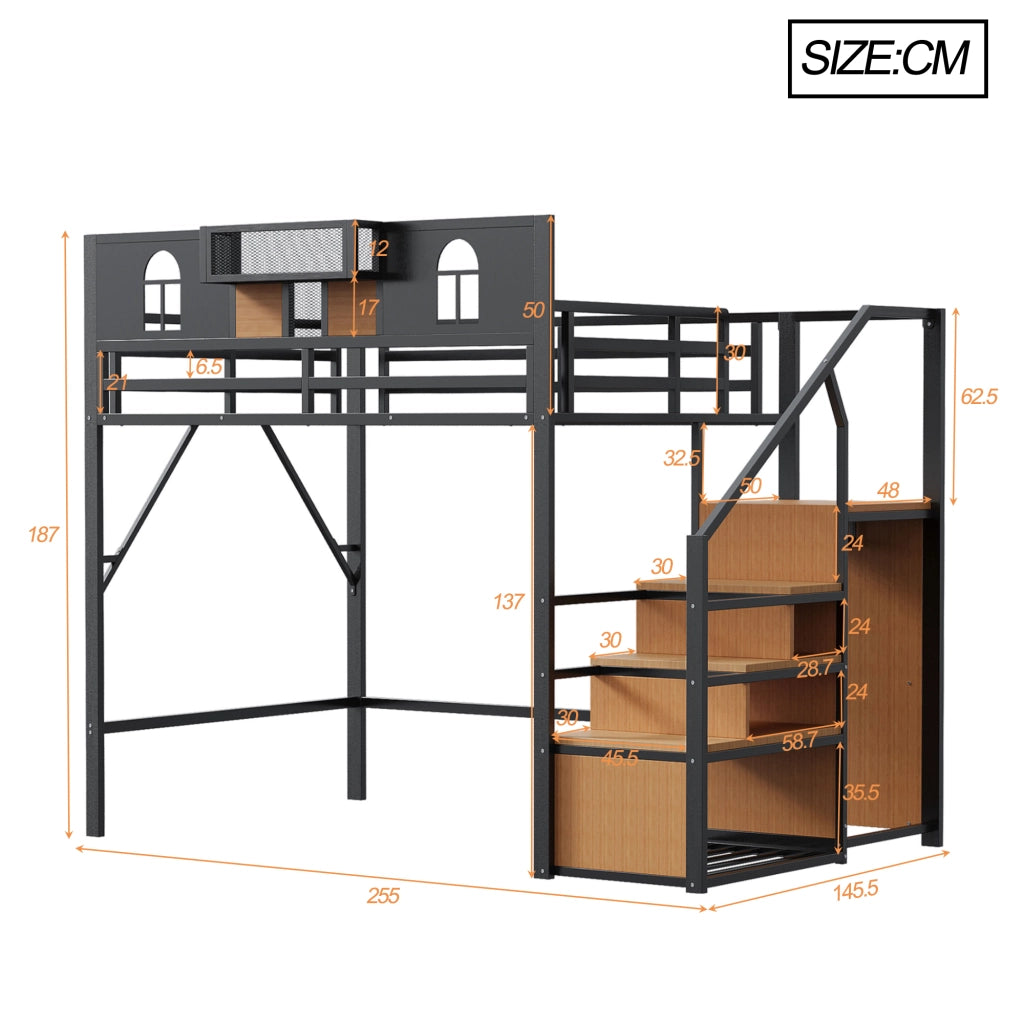 LETTO a soppalco 140x200 cm in metallo nero con scala contenitore