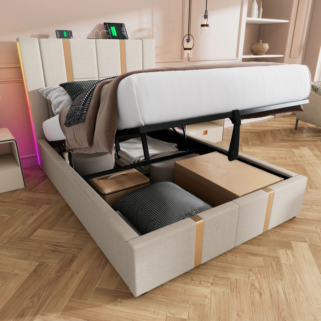 Letto imbottito singolo 90x200 cm con contenitore; LED; USB C e lino beige
