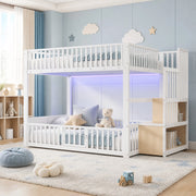Letto a castello 140x200 con scala contenitore e illuminazione LED, bianco