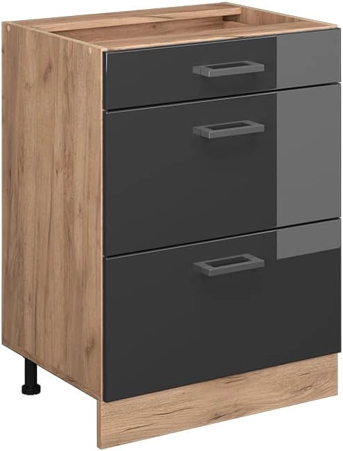 Mobiletto base per cucina R-Line, Antracite lucido, 60 cm con cassetti, senza piano di lavoro, per la libera combinazione all'interno di sistemi cucina modulari
