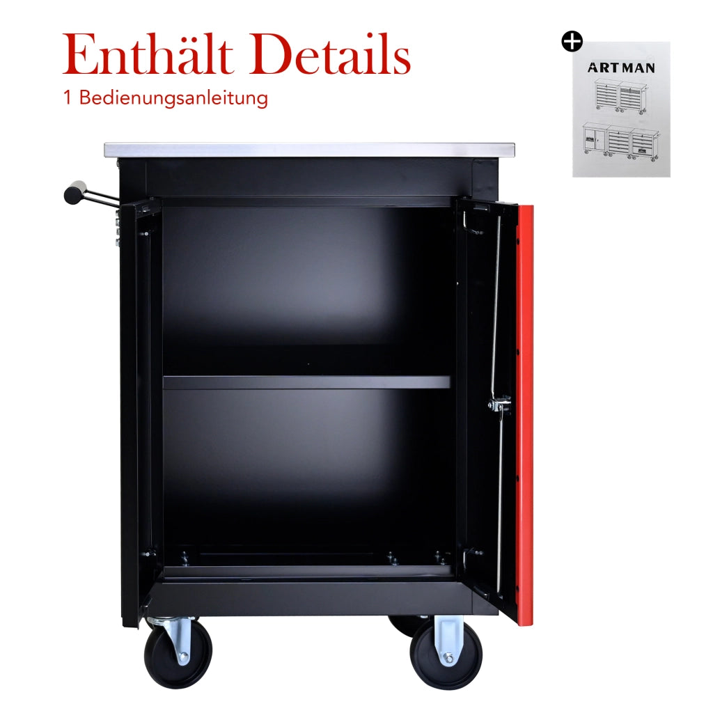 Carrello porta utensili a doppia anta con 4 ruote e serratura in acciaio nero e rosso 62,5 × 34,5 × 78 cm