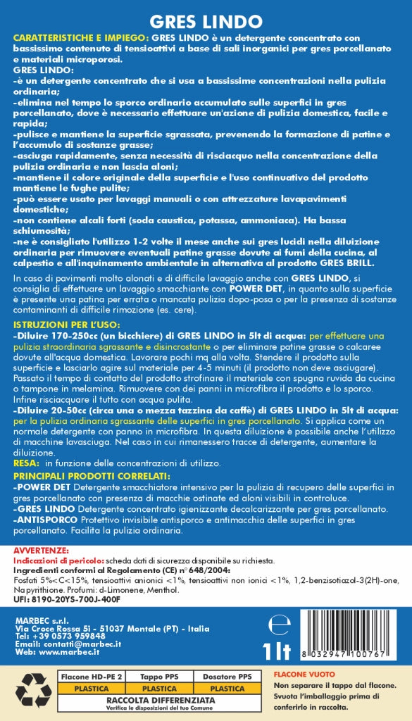Detergente per gres porcellanato GRES LINDO   1LT + Tampone in Melamina