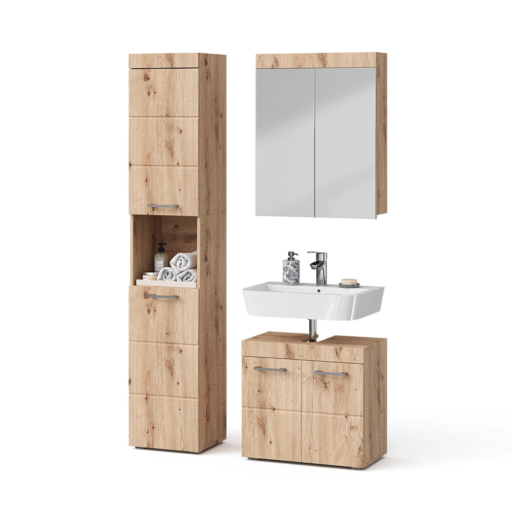 Set mobili bagno Luna Quercia Wotan 3 parti, con armadio alto Vicco
