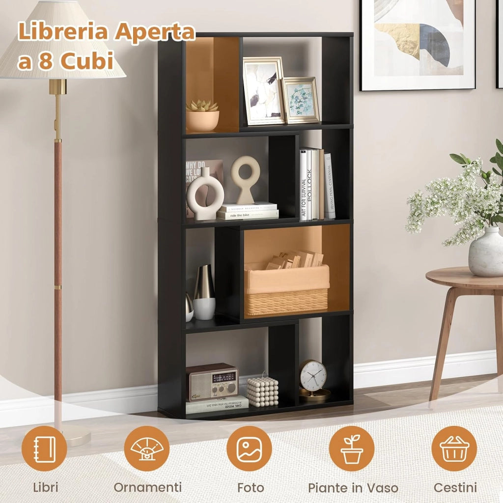 Libreria Geometrica a 4 Ripiani, Organizzatore Moderno con 8 Cubi, Mensola Espositiva a Pavimento, Mobile di Stoccaggio in Legno per Soggiorno Camera da Letto Studio, 60x20x120 cm (Nero)
