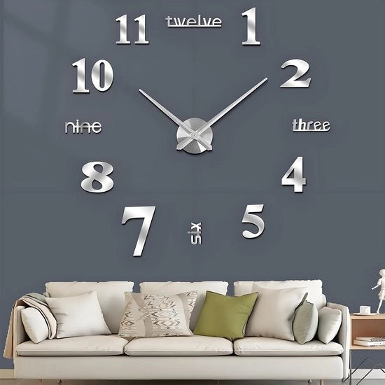 Orologio da parete moderno, grande, con sticker 3D, decorazione per casa e ufficio (dimensioni 90 cm - 1,8 m, regolabile automaticamente), argento.