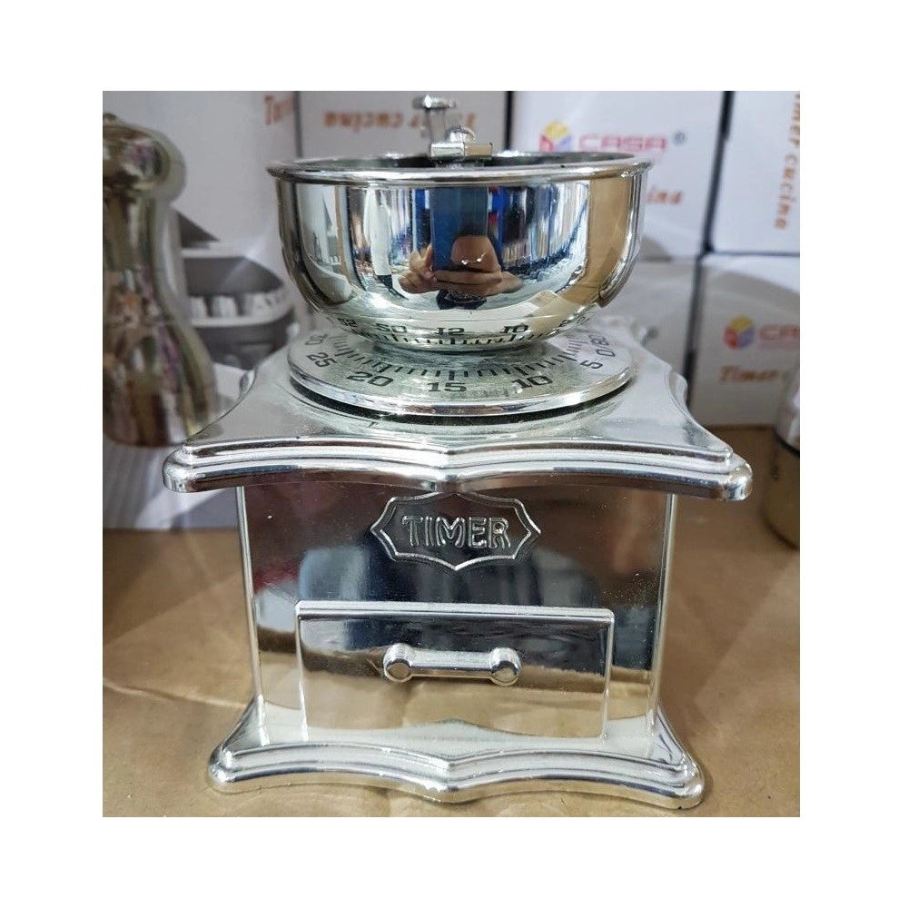 Trade Shop - Timer Da Cucina Meccanico A Forma Di Macinacaffè Cromato Cottura Alimenti -