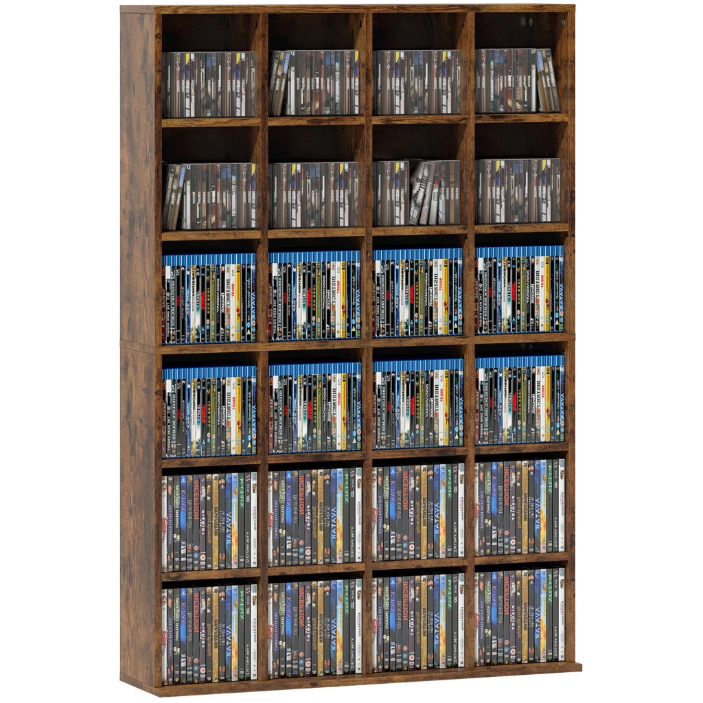 Meuble de Rangement 456 CDs / 336 DVDs, Étagère Multimédia, 24 Compartiments et 16 Étagères Ajustables, Marron
