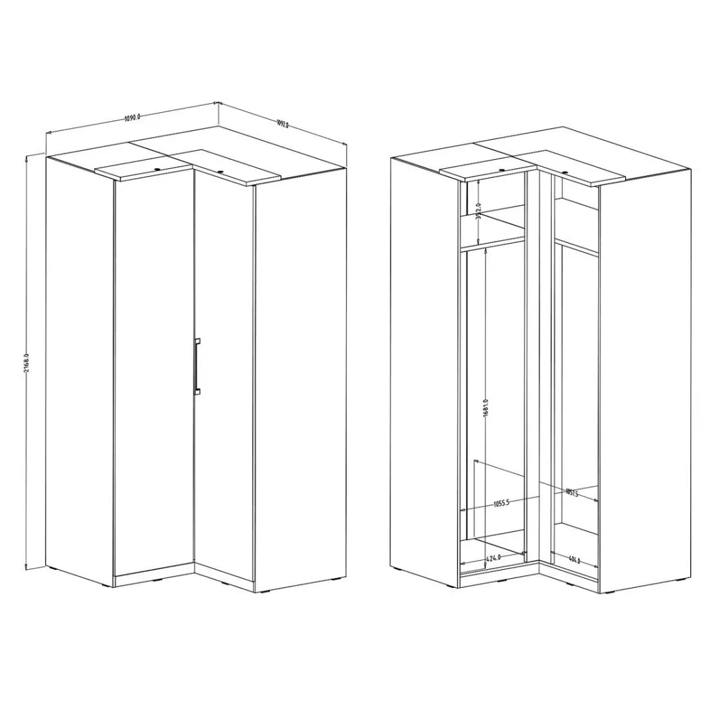Armadio ad angolo per cabina armadio collezione MODULO colore bianco con LED inclusi.