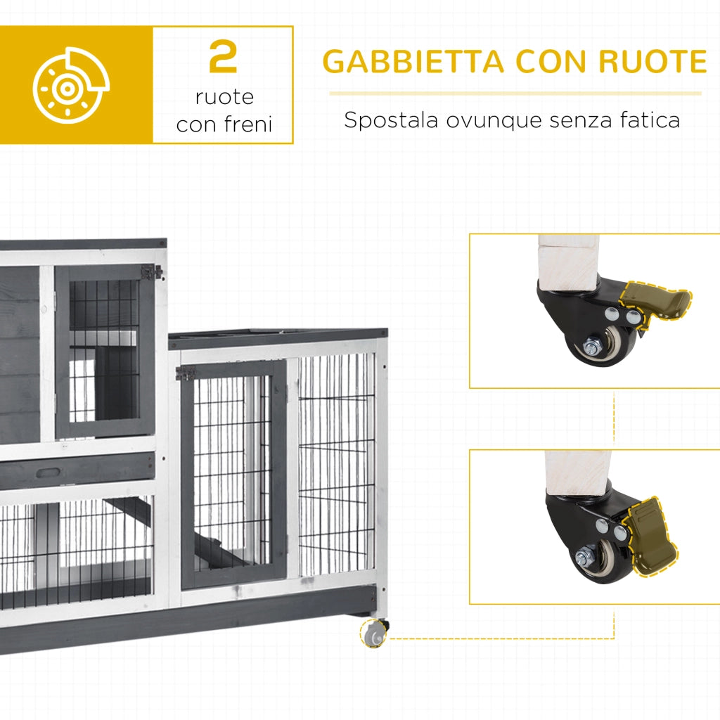 Conigliera in Legno con Ruote e Casetta - Xylo - Grigio e Bianco 110x50x88 cm