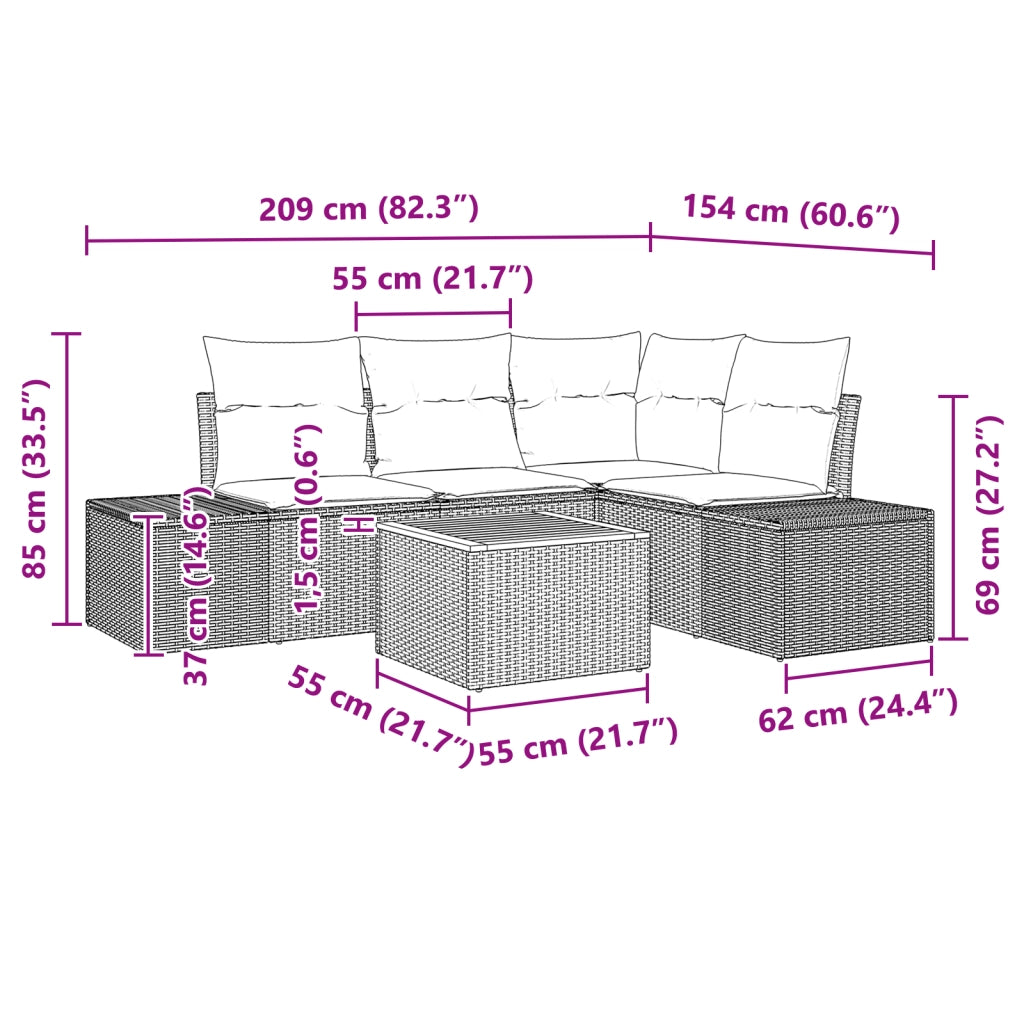 Set Divano da Giardino di 5 Pezzi con Cuscini Grigio Polyrattan Acacia