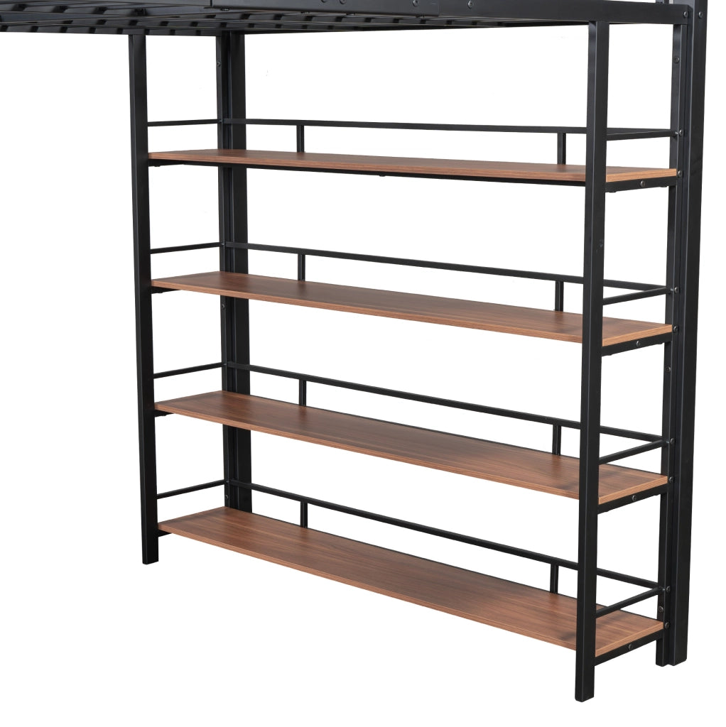 Letto a soppalco 140x200 cm in metallo e MDF nero con scala contenitore e guardaroba