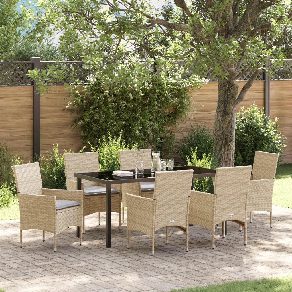 Set da Pranzo da Giardino 7 Pezzi con Cuscini Beige Rattan Poliestere