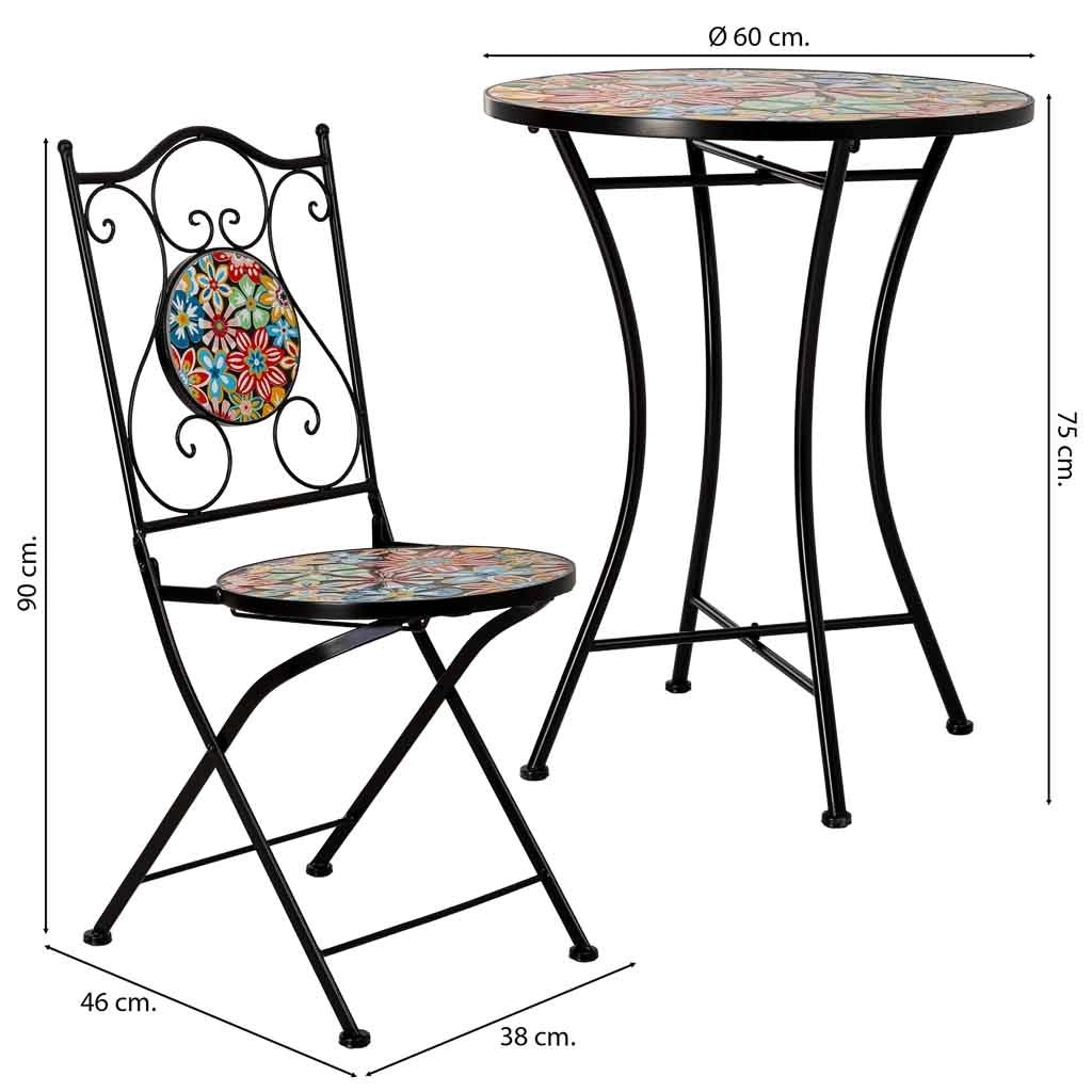 Set tavolo e 2 sedie in metallo, 60x60x75h cm, 38x46x90h cm