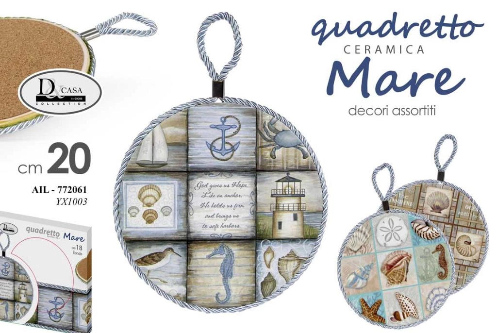 Sottopentola quadretto da appendere tondo in Ceramica decoro mare 20 cm 3 Colori