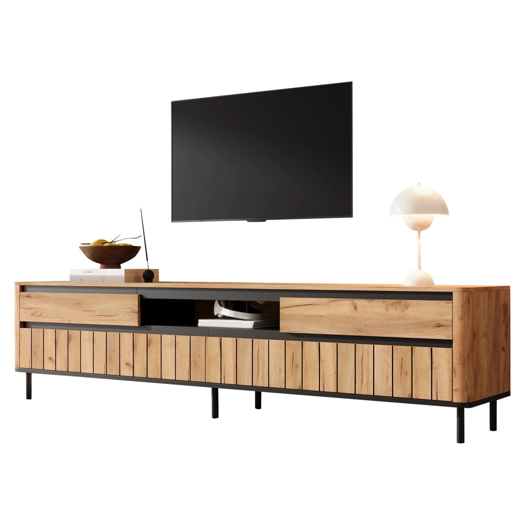 Mobile TV moderno 180x40x52 cm con 2 cassetti, 2 ante a ribalta e vano aperto, finitura rovere e nero