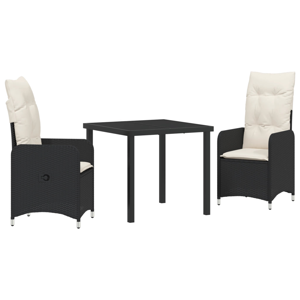 Set da Pranzo da Giardino 3 Pezzi con Cuscini Neri Polyrattan