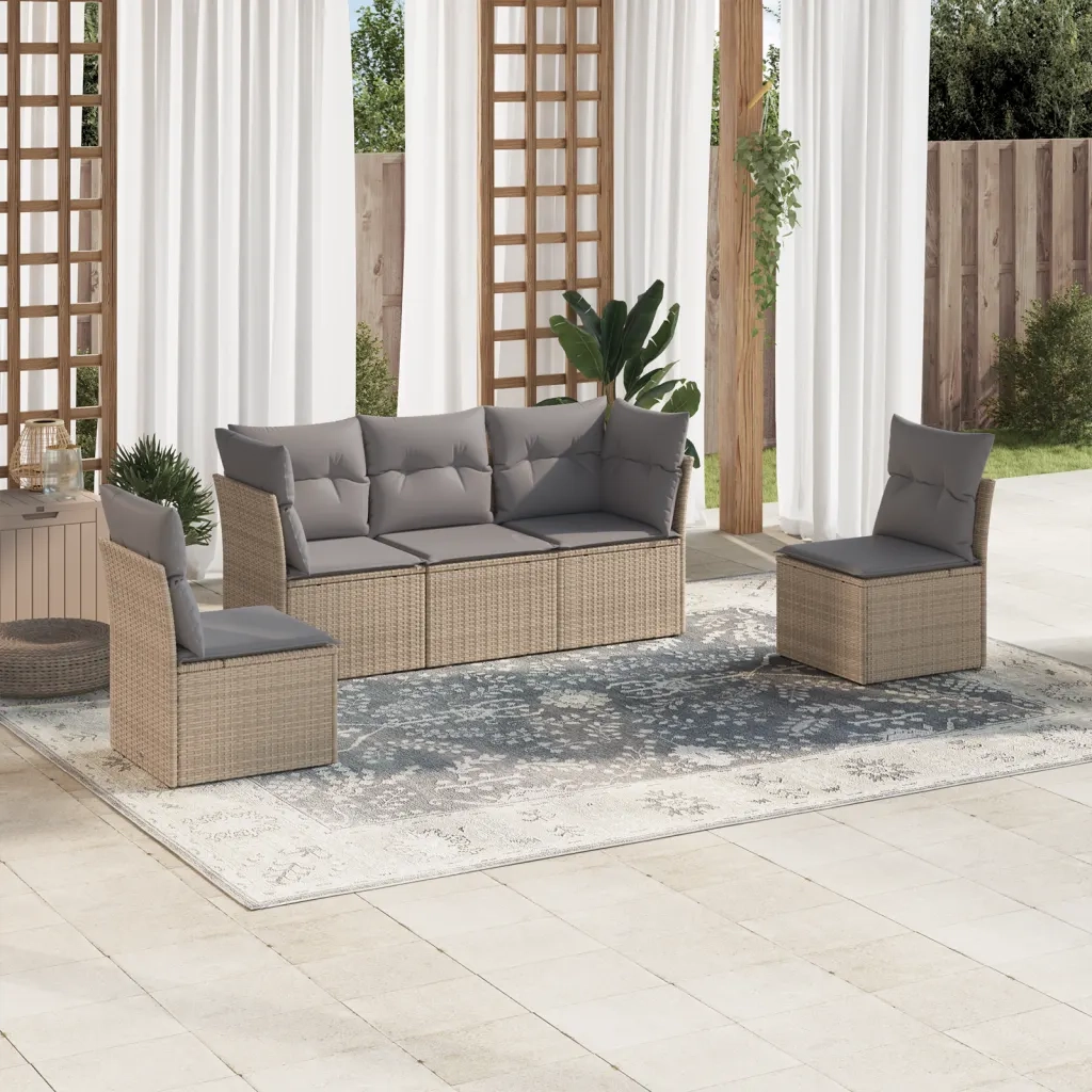 Set Divano da Giardino 5 pz con Cuscini-Sofa da Giardino-Divanetto da esterno Beige in Polyrattan 126345