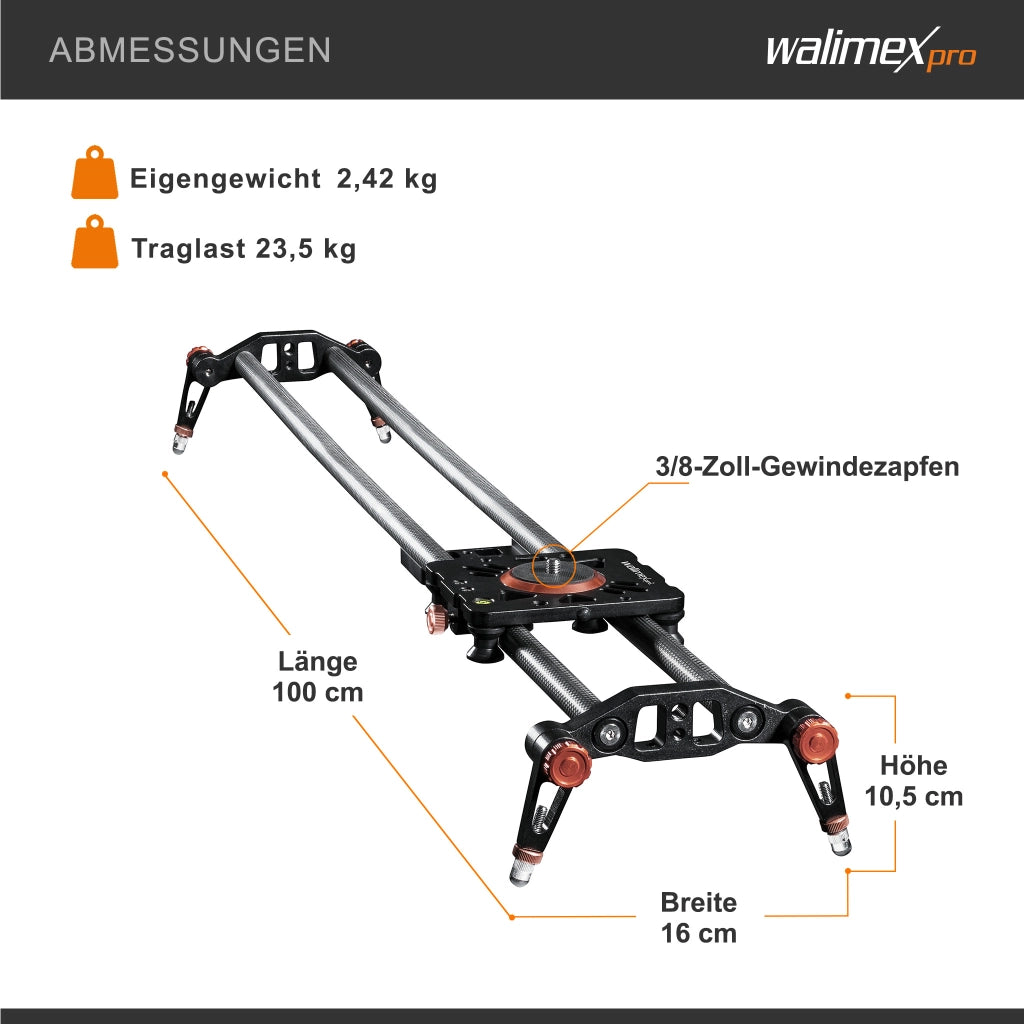 Walimex Pro Carbon Video Slider Pro (100 cm, movimenti fluidi della fotocamera, inclusa borsa per il trasporto e livella) nero