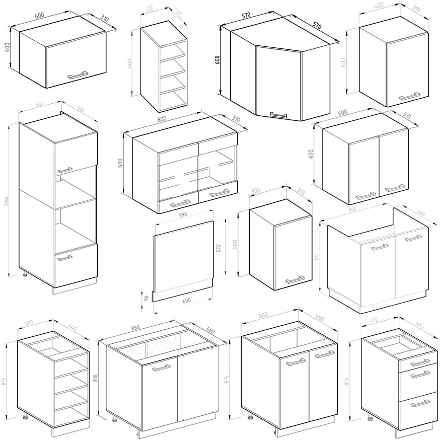 Cucina angolare completa R-Line, Bianco lucido, 247 x 60 cm, PL Rovere, per disposizione flessibile ed espansione modulare