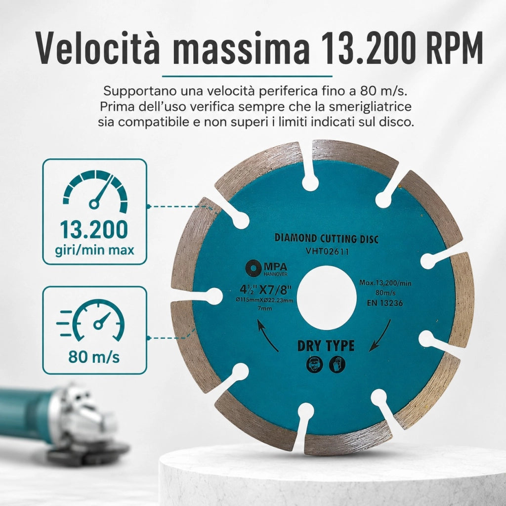 3 Dischi Diamantati 115 mm Foro 22,23 mm 13.200 RPM Smerigliatrice VHT02611